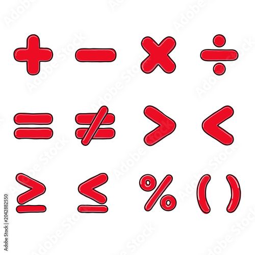 Cute red basic math symbols set, bubble mathematical signs education pack, transparent PNG clipart sheet
