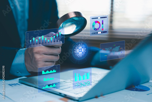 Foto Business analyst using AI technology and data analytics tools to examine business intelligence, big data visualization, performance metrics, market research and digital transformation strategy