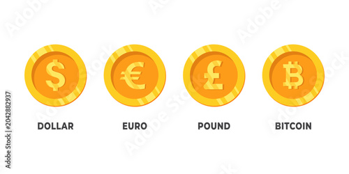 Flat vector illustration of gold coin icons featuring Dollar, Euro, Pound, and Bitcoin symbols. Modern finance and cryptocurrency concept isolated on gray background.