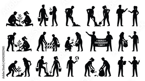 World environment day volunteer silhouettes planting trees recycling and caring for planet earth.