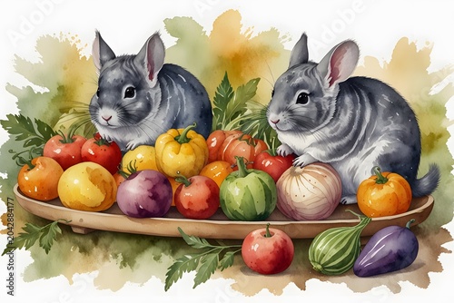 Chinchilla munching on a colorful vegetable platter