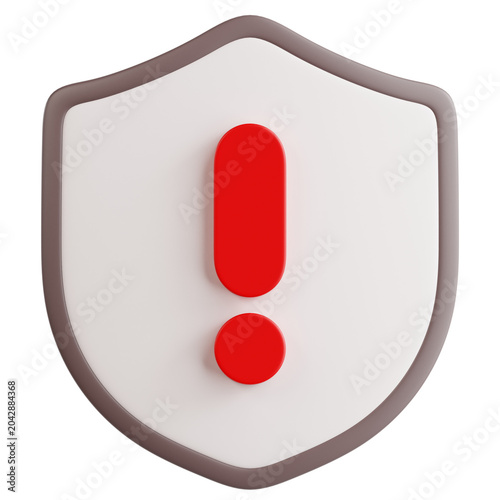 Light gray 3D shield with red exclamation mark indicating system error warning, in modern soft 3D render on isolated on transparent background for cybersecurity UI, tech status and app design.