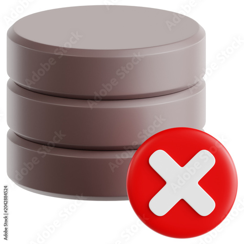 Brown three layer cylinder server with a red cross indicating system failure, high-quality 3D icon isolated on a transparent background for web UI, IT downtime alerts, and hosting error concepts.