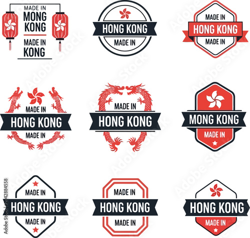 Photography Set of vintage Made in Hong Kong label badges and stamp emblems on white backgro