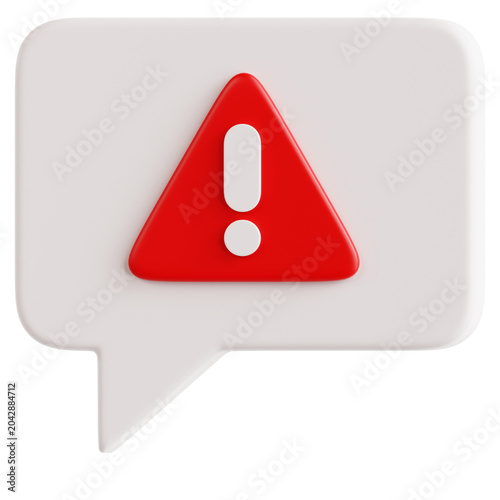 Red warning triangle with exclamation mark inside a white speech bubble indicating a system error. Clean 3D rendered minimalist icon for digital environments, ideal for UI UX web design.
