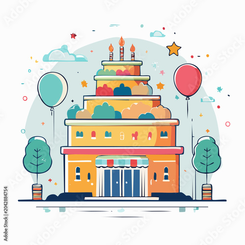 Whimsical Multi-Tiered Cake Building with Balloons and Trees