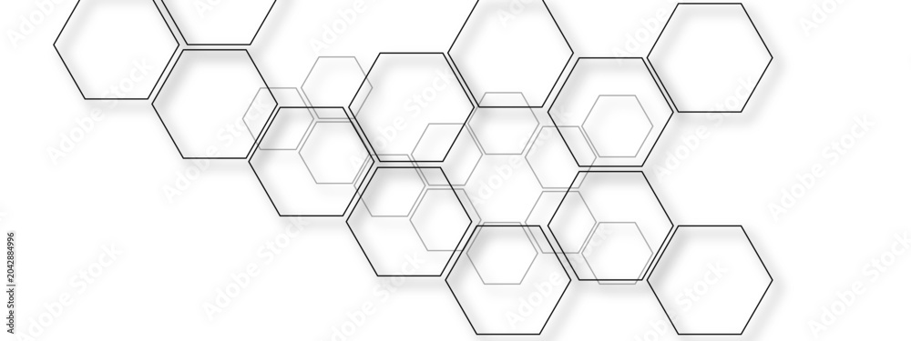 Fototapeta premium Abstract geometric pattern composed of interconnected translucent hexagonal shapes forming a dynamic honeycomb structure with subtle shadow effects