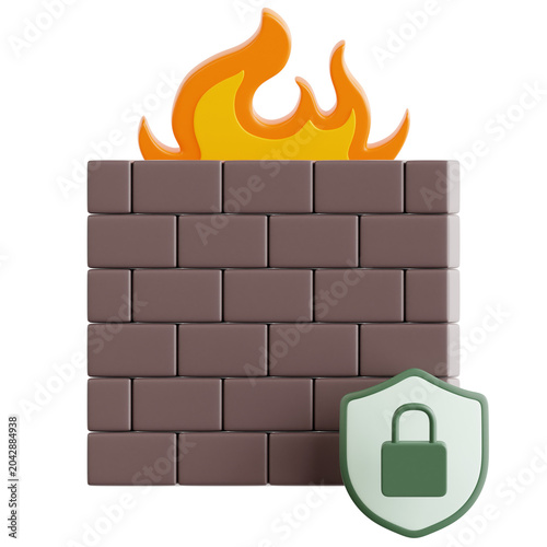 Brick wall with fire and a green padlock shield representing active firewall network protection status. Clean 3D rendered minimalist icon for cybersecurity environments, ideal for UI design.