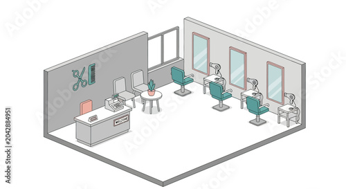 An isometric illustration of a modern hair salon interior with professional equipment