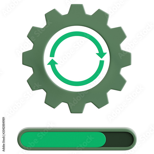 Green gear with sync arrows and a progress bar indicating an active system update status. Clean 3D rendered minimalist icon for digital software environments, perfect for UI and UX design.