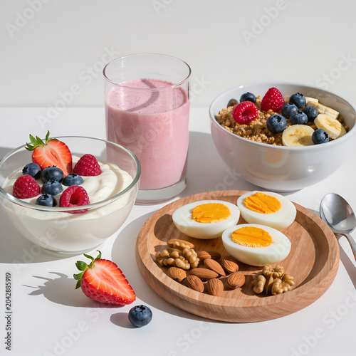 Healthy breakfast set with berry yogurt smoothie boiled eggs and nuts on white background concept of clean eating and wellness lifestyle