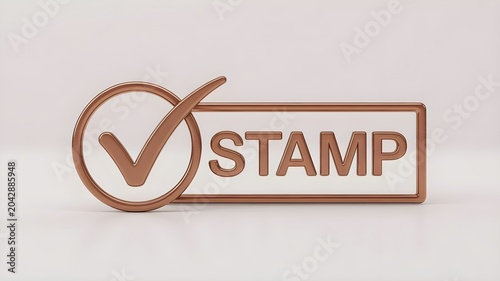 Copper stamp with checkmark on light background for approval or validation