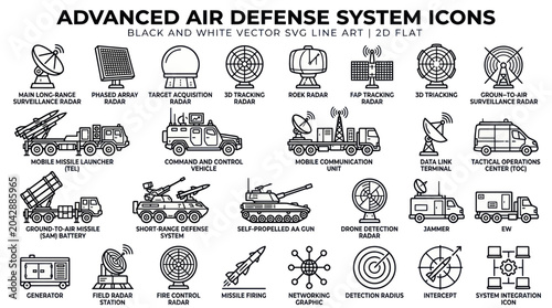 Slika na platnu Advanced Air Defense System Icons: Black and White Vector Line Art