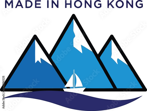 Fotografie Made in Hong Kong label with mountain and sailboat logo, modern vector emblem fo
