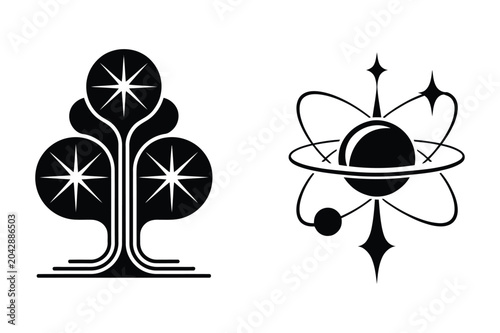 Fotografia Abstract glowing tree and futuristic atomic orbital icons with abstract, environ