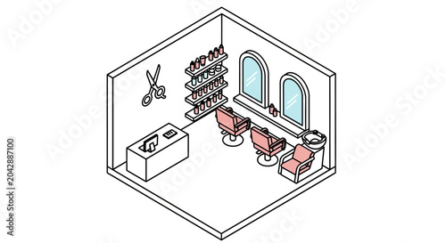 An isometric illustration of a modern hair salon interior with professional equipment