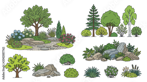 Obraz na płótnie Garden Design Elements: Trees, Shrubs, Rocks, and Path Illustration