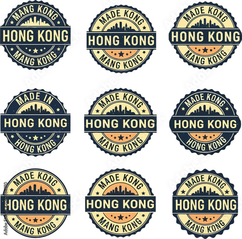 Photography Vintage Hong Kong Made in Hong Kong round label set on isolated background