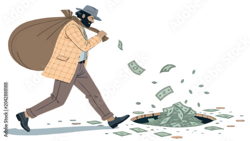 Thief running away with sack of money dropping cash illustration criminal stealing currency security bankrupt financial economic moneybag fugitive illustration thievery