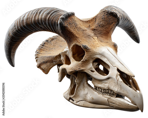 Ancient Ram Skull with Impressive Horns: A detailed close-up of an ancient ram skull, showcasing its formidable, curled horns and weathered bone structure.