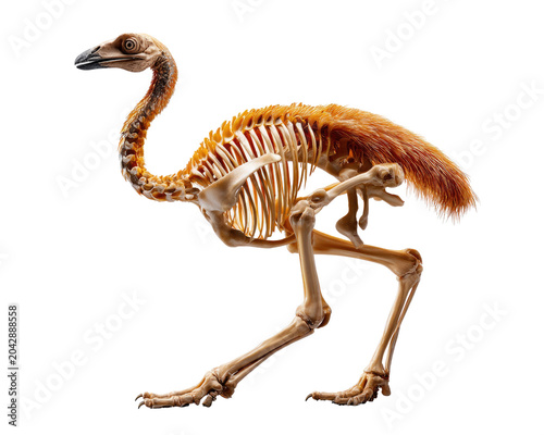 Bird Skeleton Specimen: A meticulously preserved skeleton of an extinct bird, showcasing its intricate bone structure and fossilized plumage, isolated on a white background.