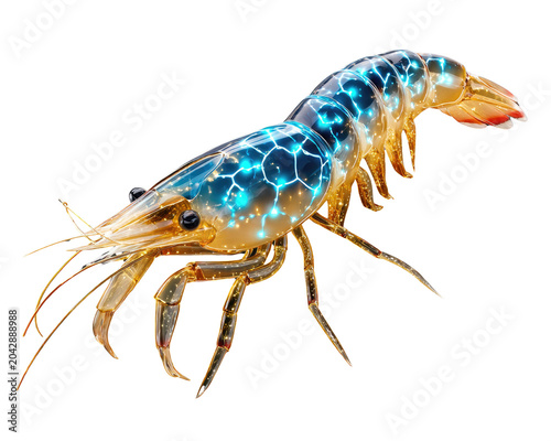 Electric Blue Shrimp: A stunning macro shot of an electric blue shrimp, showcasing its intricate patterns and vibrant coloration against a clean backdrop.