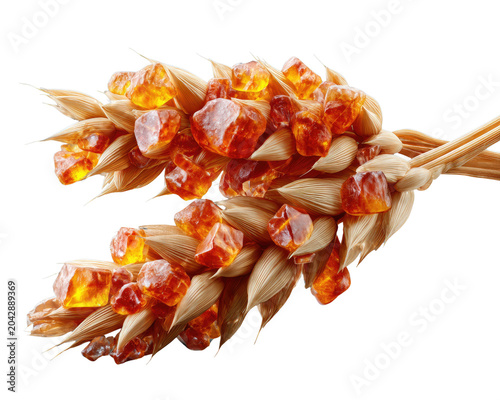Amber resin on wheat ears, Macro view of natural amber resin collected on a sprig of ripe wheat. The rich amber color and unique texture of the resin are highlighted against the delicate wheat stalks.