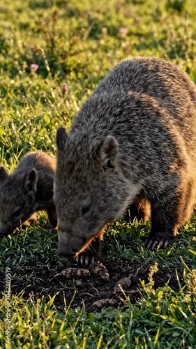 Two wombats foraging in grassy field.