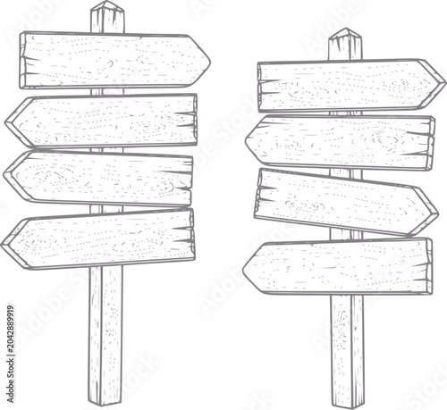 Bild auf Leinwand Two wooden signposts with multiple directional arrows, hand-drawn style