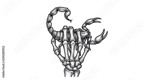 Billede på lærred Skeleton Hand Holding Scorpion, Tattoo Style Drawing, Dark Art