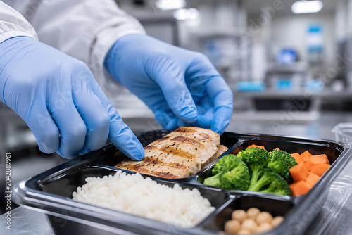 Balanced hospital meal with grilled chicken rice and vegetables being prepared for patients