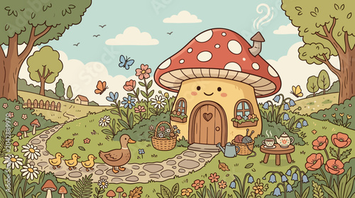Принти на полотні Whimsical Mushroom House with Door.