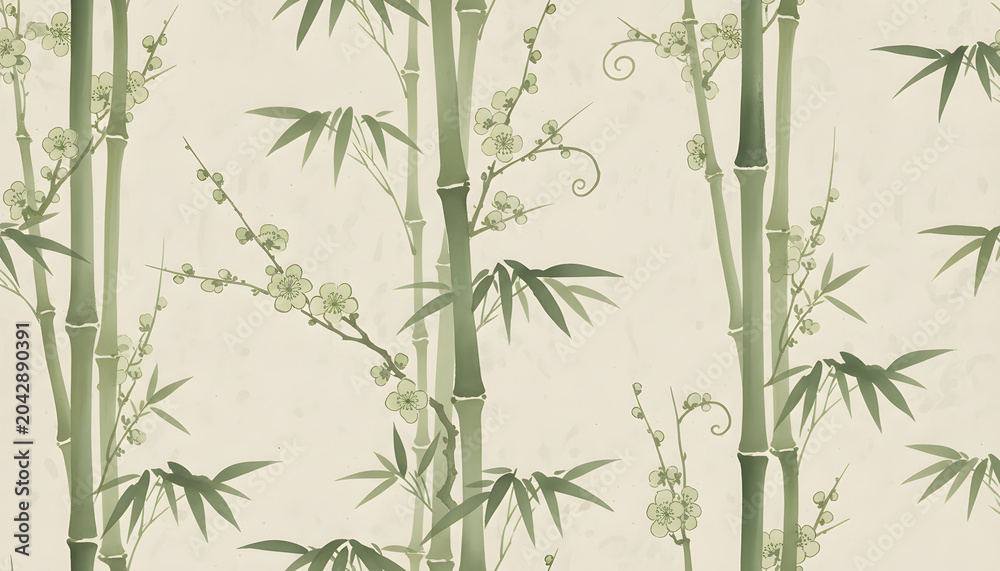 Obraz premium Seamless Japanese Bamboo and Blossom Pattern - Elegant Botanical Art