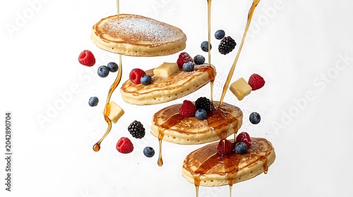 Delicious pancakes topped with fresh berries and syrup drizzle