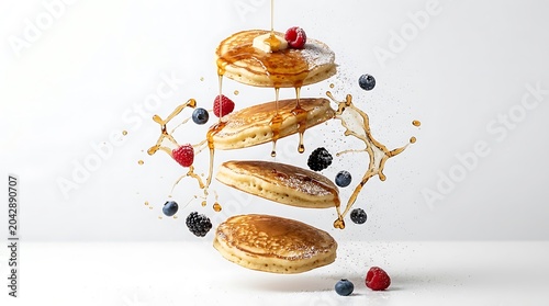 Stacked pancakes with berries and syrup in mid-air