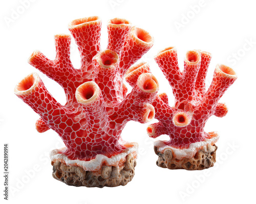 Ornate Coral Decor: Two vibrant red coral-like formations with intricate, porous textures and textured bases stand as striking decorative pieces, hinting at marine life and ocean aesthetics.