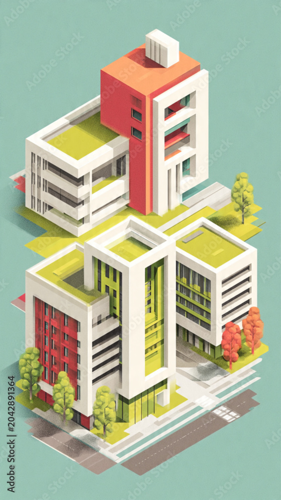 Fototapeta premium Modern colorful office buildings with innovative architecture and lush landscaping