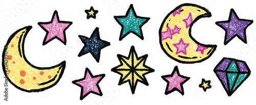 Colorful collection of hand drawn crescent moons and stars in wax crayon style