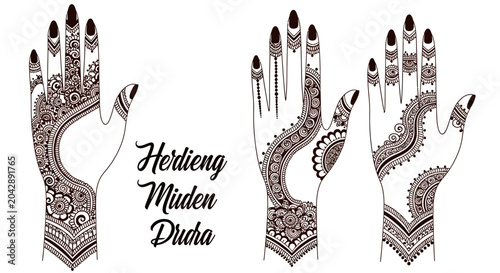Henna designs on hands with black nails.