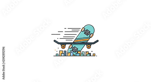 Foto A stylized illustration of a skateboard moving quickly over a small urban landsc