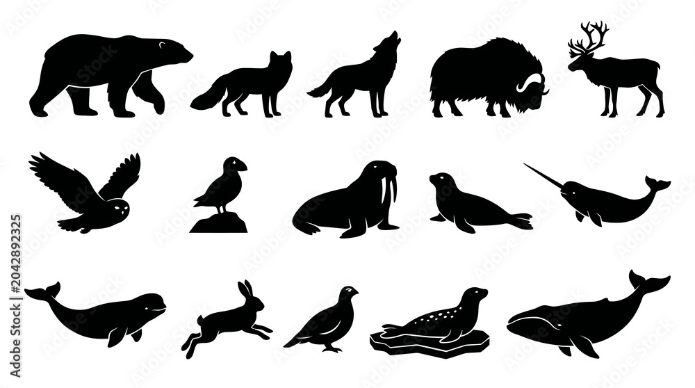Fototapeta premium Arctic Animals Silhouettes Set - Wildlife Icons for Nature and Ecology