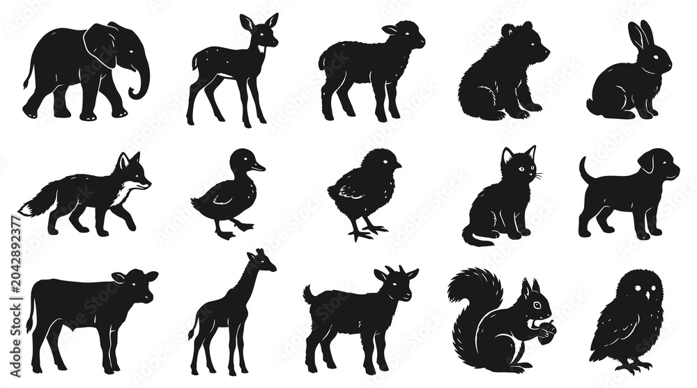 Obraz premium Black and White Vector Icons of Farm and Wild Animals, Line Art