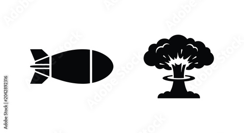 Quadro su tela bomb and explosion silhouette on white background black weapon military warfare