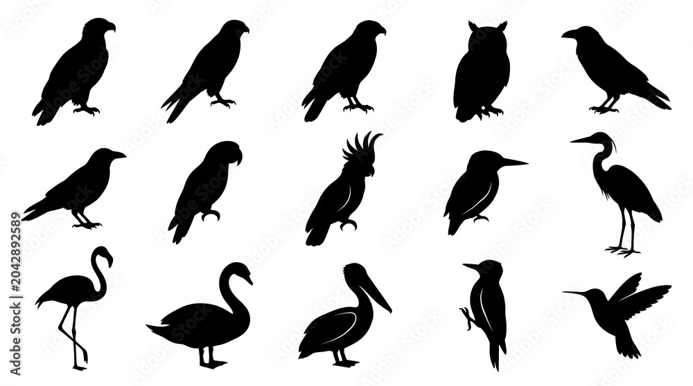 Obraz premium Wildlife Bird Silhouettes Vector Icons Set. Diverse Avian Species Collection in Glyph Style.