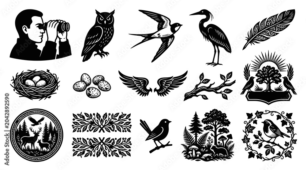 Fototapeta premium Engraving Style Vector Illustrations: Nature, Wildlife, Birds, and Forest Scenes for Outdoor Themes