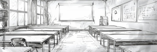 Empty classroom interior pencil sketch with desks and windows for education background and school poster layout design. Copy space