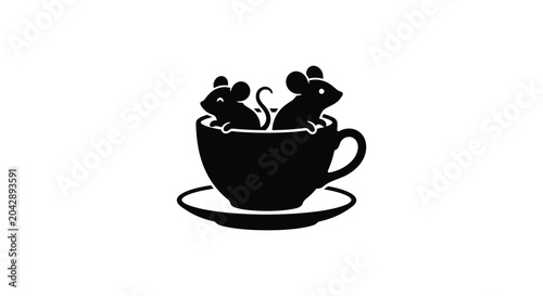two mice in tea cup silhouette black white background animal drinkware minimalist iconic simple graphic illustration