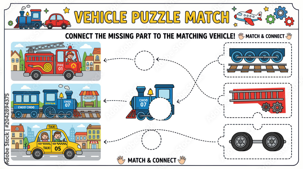 Naklejka premium Vehicle Puzzle Match Activity for Kids: Connect Parts to Vehicles