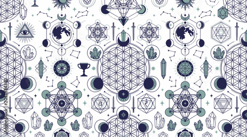 Sacred Geometry and Celestial Elements Pattern: Metatron's Cube, Flower of Life