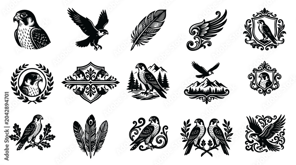 Obraz premium Black and White Falcon and Eagle Vector Icons for Branding and Design